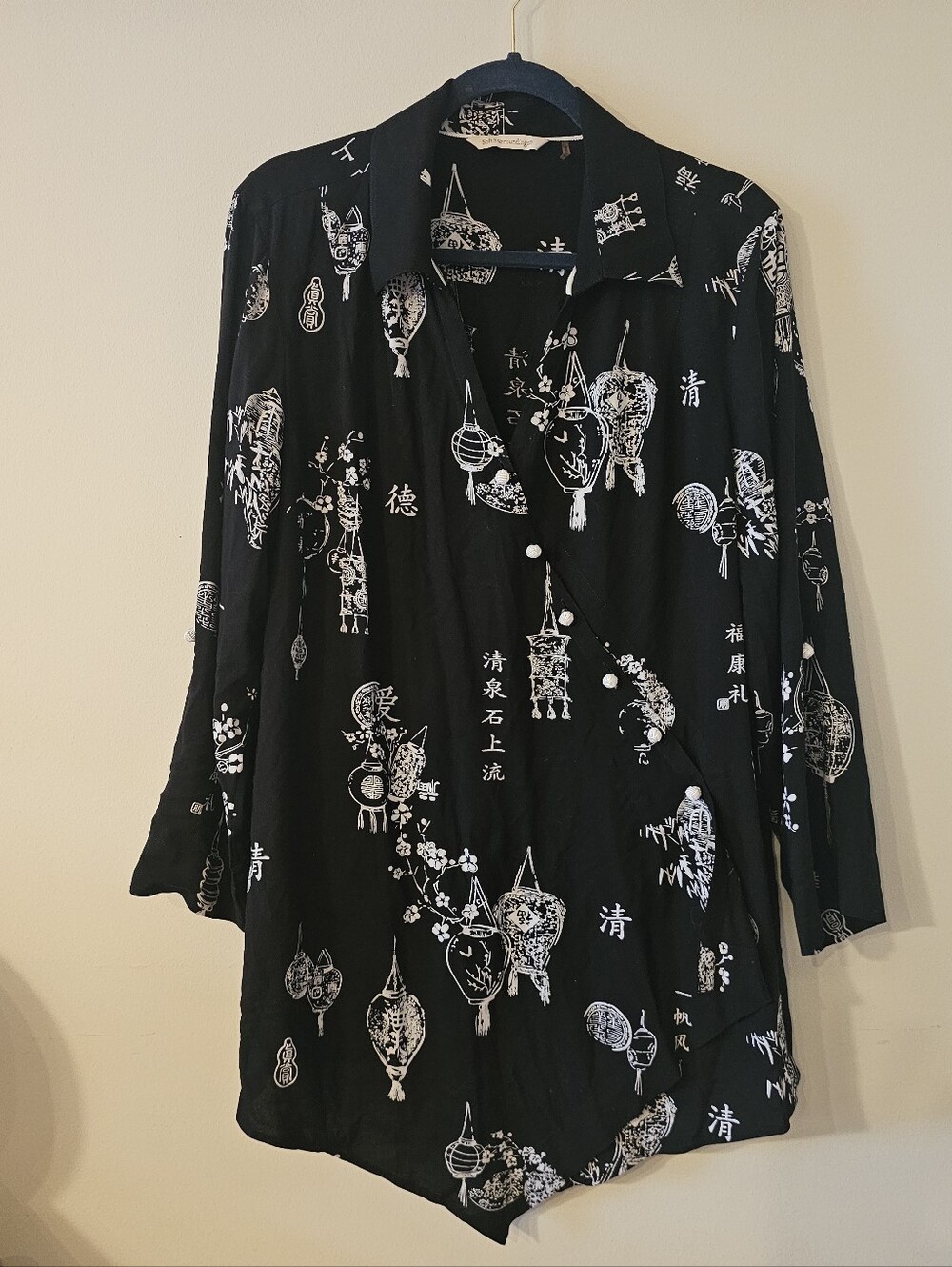 Vintage Soft Surroundings Asian Print Asymmetrical Black & White Blouse XXL XL